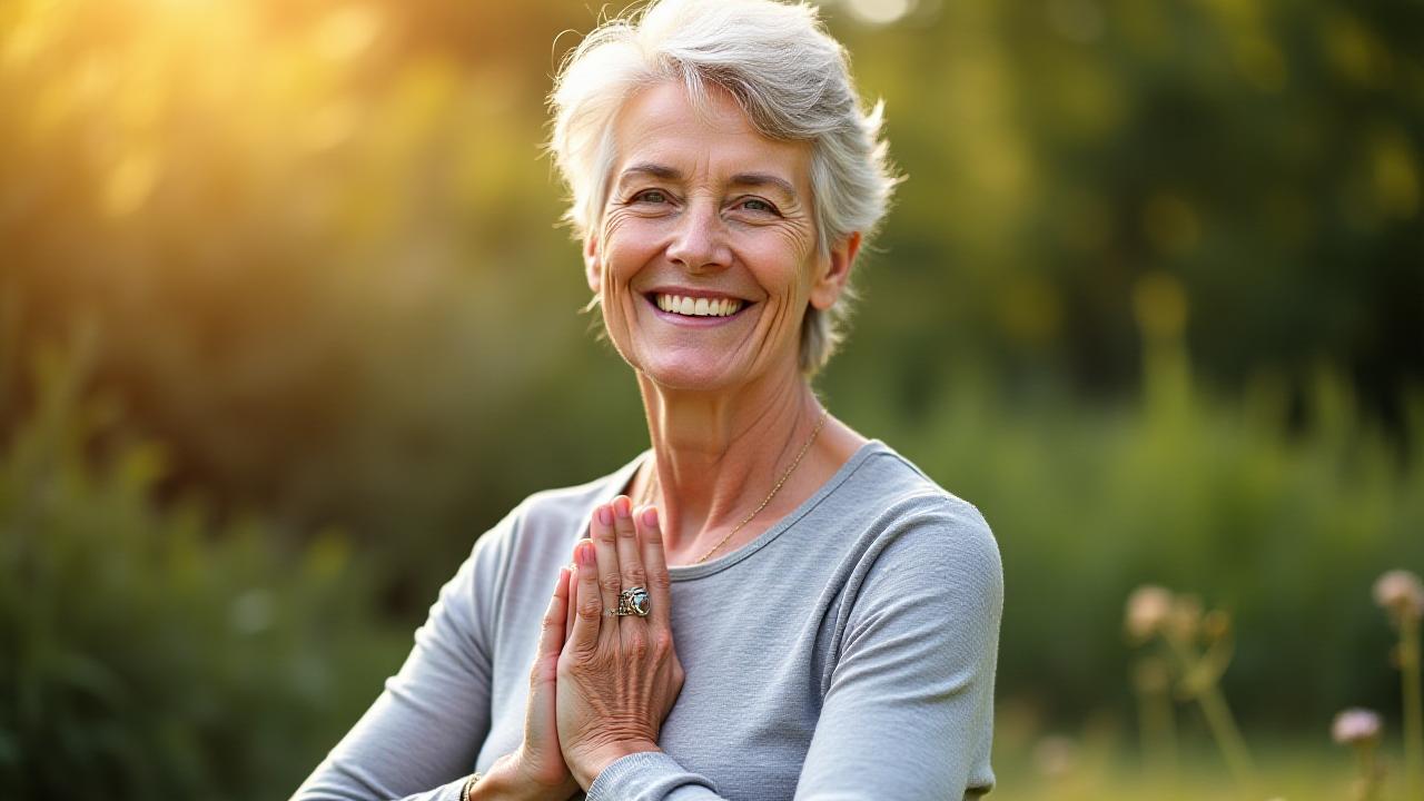 Donna matura (50+) sorridente e sicura di sé mentre pratica yoga in un ambiente luminoso e sereno.