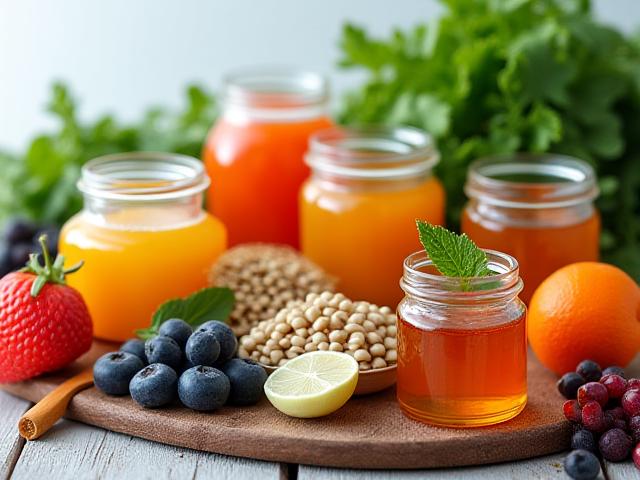 Un colorato insieme di cibi fermentati e vegetali, che rappresentano la salute intestinale.
