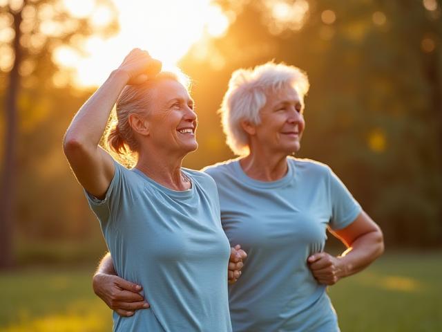 Uomo e donna maturi che fanno stretching all'aperto in un parco al mattino.