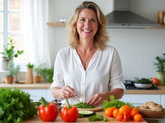 Donna sorridente che prepara un pasto sano e colorato in cucina con verdure fresche.