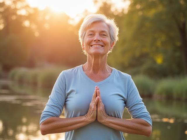 Persona anziana in una posa di yoga all'aperto, simbolo di prevenzione e salute cardiaca.
