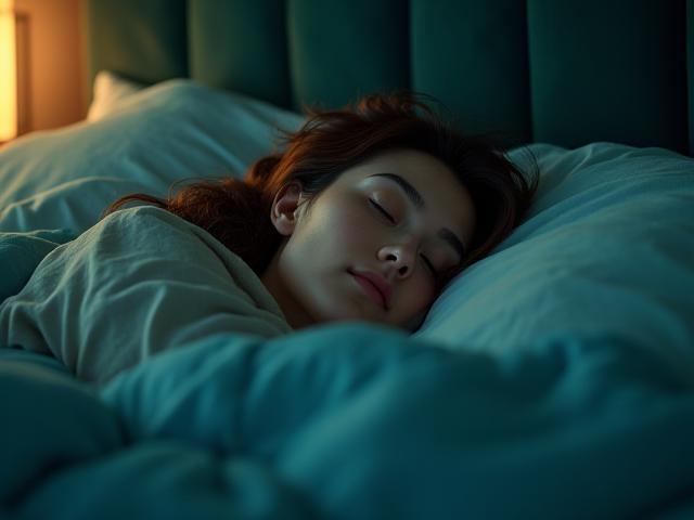 Persona serena che dorme profondamente in una camera da letto illuminata da luce soffusa.