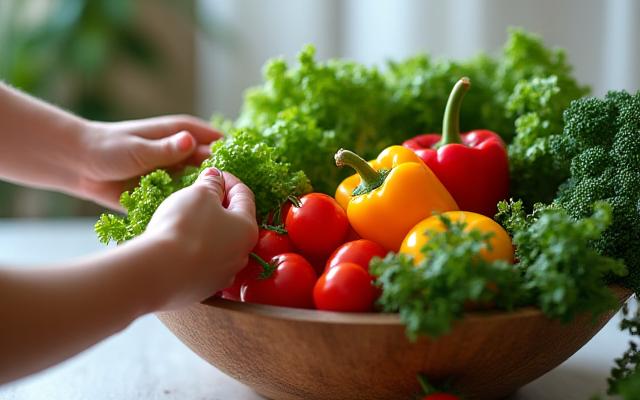Cesto con verdure fresche e mani che preparano insalata