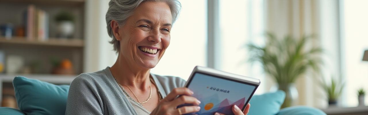 Donna matura sorridente, gestione menopausa con app Azzurro Vita