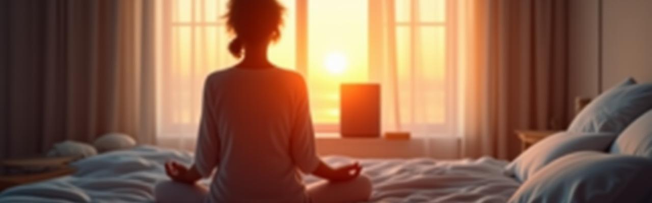 Persona serena che medita al tramonto, gestione stress e miglioramento sonno