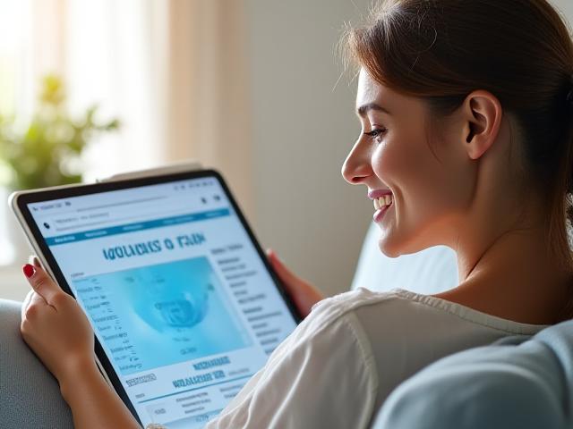 Persona anziana donna 40 anni che guarda con fiducia il proprio percorso di salute personalizzato su un'app per tablet, con grafici e obiettivi visualizzati.