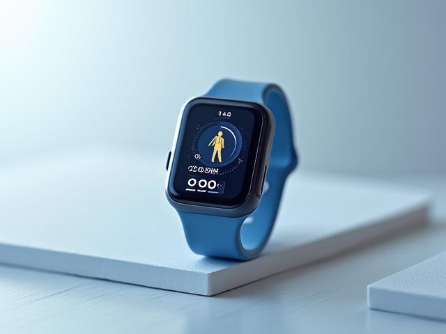Schermo di uno smartwatch che mostra metriche di attività, con icona di una persona che cammina.