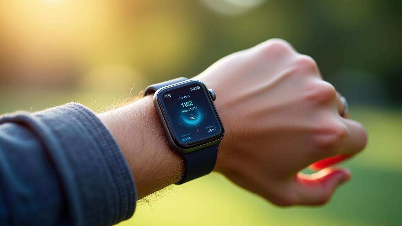 Primo piano di uno smartwatch moderno al polso di una persona, con un grafico della frequenza cardiaca visibile sullo schermo.