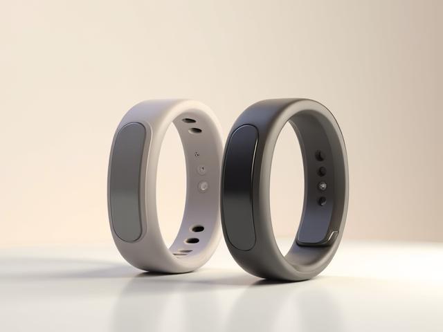 Anello Oura e braccialetto Whoop a confronto su una superficie neutra.