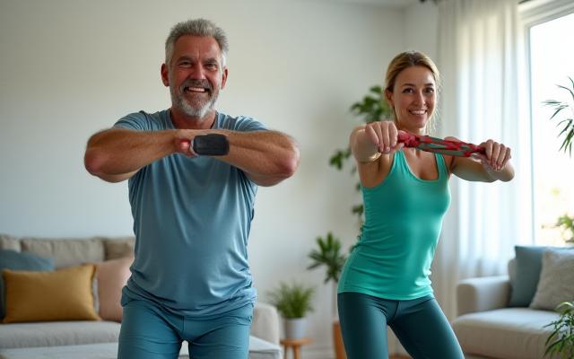 Uomo e donna over 40 che eseguono esercizi di fitness funzionale a casa con attrezzi semplici, sorridendo.
