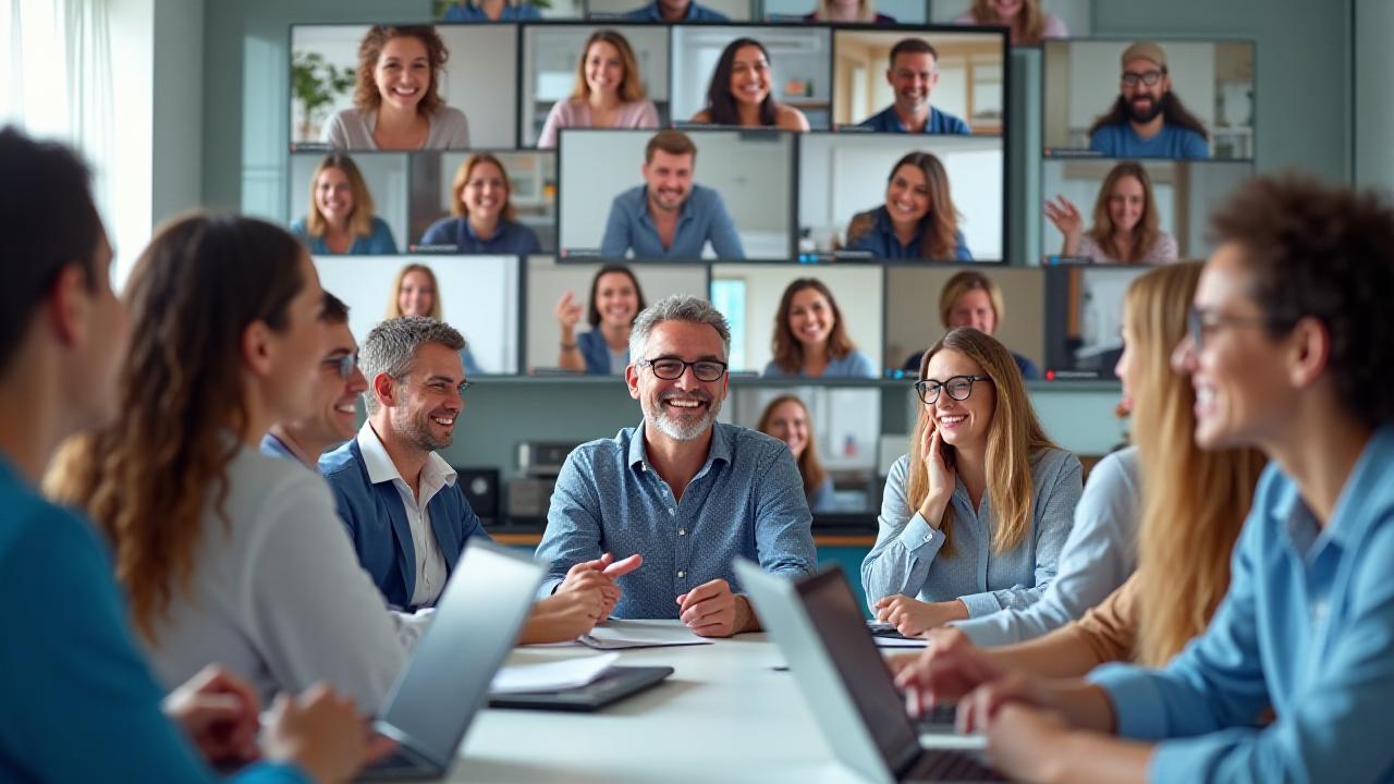 Mosaico di volti sorridenti in una videochiamata di gruppo che partecipano a un workshop online di Azzurro Vita.