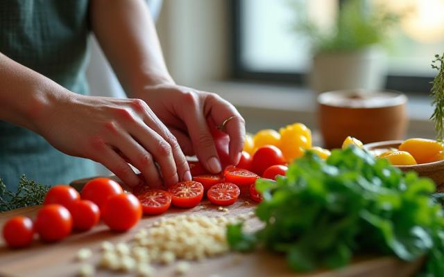 Donna sorridente che prepara un pasto sano e bilanciato, simbolo del mindful eating.